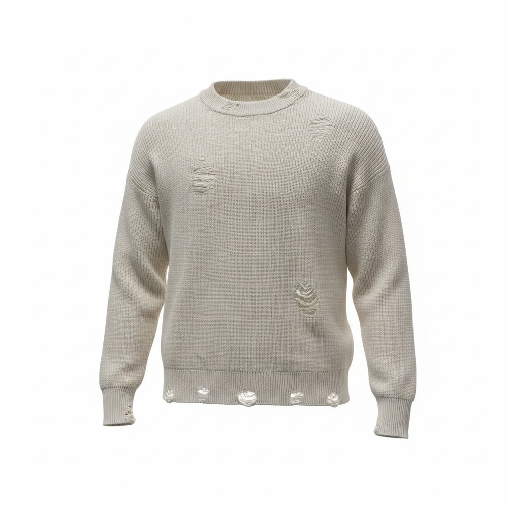 Sweater Zara Large Mens Cream Excellent Distressed Ribbed Knit Crewneck Pullover